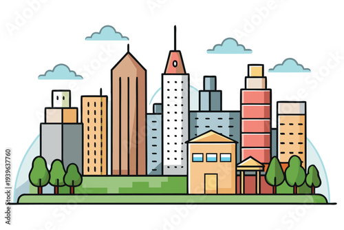 Vector illustration of a skyline with buildings and trees in a city park setting