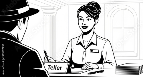Bank teller assisting customer with financial transaction at the counter, focused interaction.