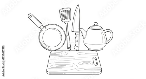 Kitchen utensils and tools arranged on a wooden cutting board for cooking and food preparation.
