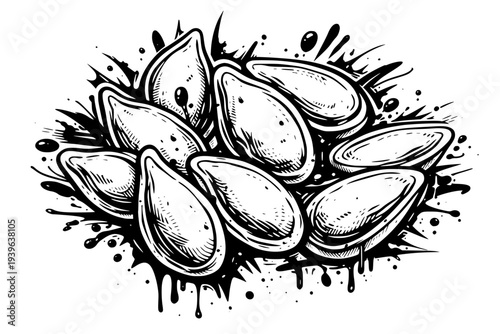 Vibrant black and white illustration of pistachios with dynamic ink splatters