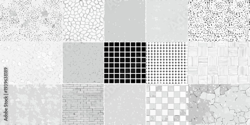 Nine grayscale panels display diverse textures and repeating patterns