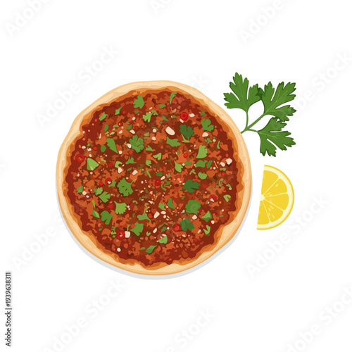 Lahmacun Thin Turkish Pizza with Minced Meat and Herbs Flat Vector Illustration.