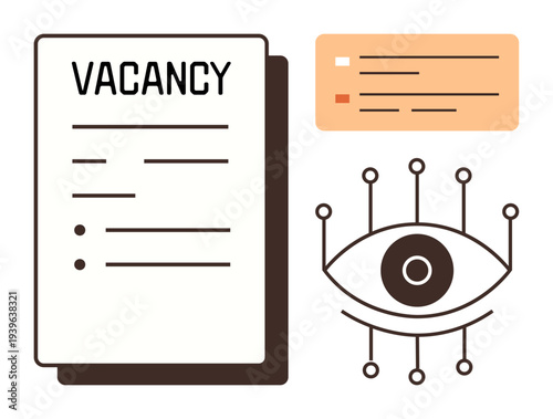 Recruitment, job applications, hiring processes, candidate selection, digital search, job market. Job vacancy form with an eye connecting to technology. Recruitment and job applications concept