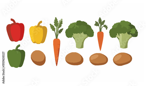 Fresh vegetable collection with bell peppers carrots potatoes and broccoli isolated healthy food vector set