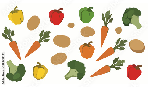 Colorful fresh vegetable assortment with bell peppers carrots potatoes and broccoli isolated food vector illustration