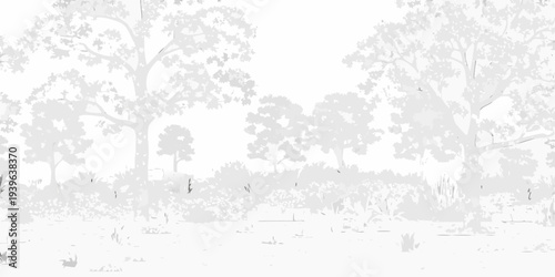 A grayscale silhouette of trees and foliage fills the landscape