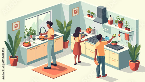 A serene and modern kitchen interior with potted plants on the countertop, conveying a sense of calmness and connection to nature.