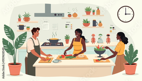 A person stands next to a potted plant with large green leaves, conveying a sense of care and nurturing in a calm environment.