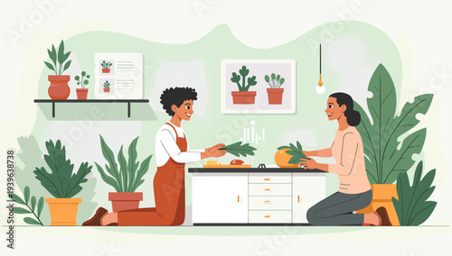 A colorful illustration of a potted plant on a shelf with a minimalist background, conveying a sense of calmness and serenity.