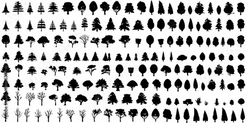 Collection of diverse tree silhouettes arranged in rows and columns