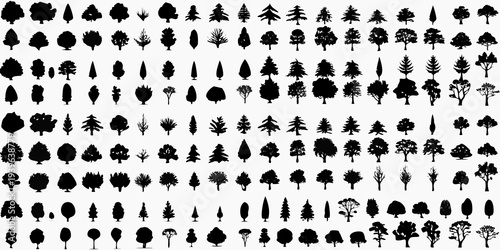 Collection of various black silhouettes depicting different types of trees
