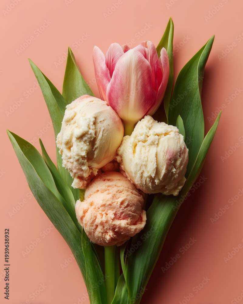 Fototapeta premium Fresh green tulip leaves arranged in a bouquet with three scoops of ice cream in pastel colors on a pink background for a vibrant and playful presentation