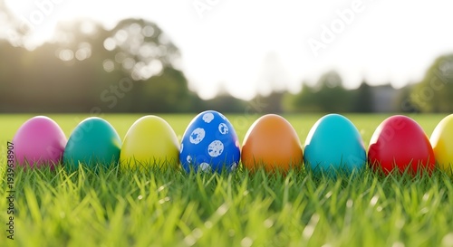 Colorful easter eggs in a lush green grassy field on a sunny day