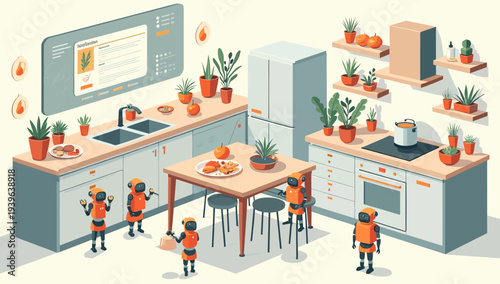 A cheerful robot prepares a meal in a modern kitchen with plants, conveying a sense of innovation and domesticity.