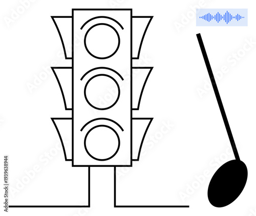 Traffic signal concept. Traffic lights linked with sound wave and music note for synchronization and control. Traffic signal guidance and structured communication flow. Ideal for thumbs up