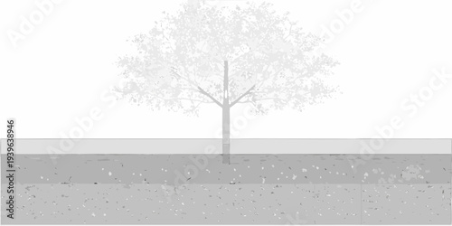 Minimalist illustration of a solitary tree in a grayscale landscape