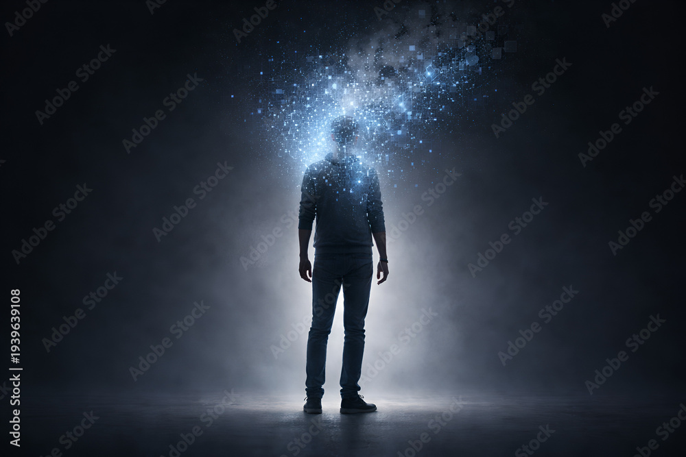 Obraz premium Human Mind Dissolving into Digital Data Cloud Symbolizing AI Transformation and Identity Shift