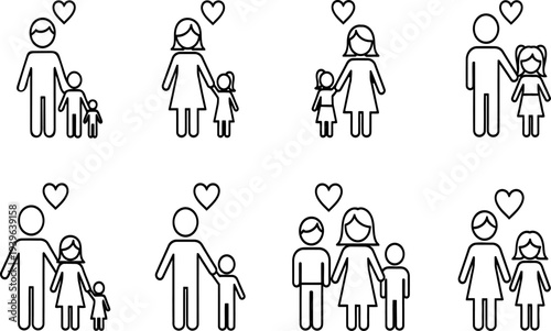 Stick figure illustrations of diverse loving family units and pets