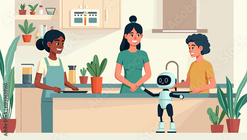 A person standing in a modern setting with a plant and a coffee maker, conveying a sense of calm and serenity in a domestic environment.