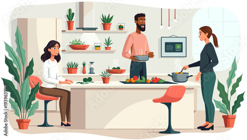 A woman sits comfortably in a modern setting with a large potted plant, exuding a sense of calm and serenity.