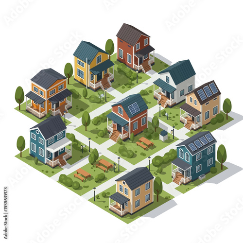 Isometric neighborhood with colorful houses and solar panels