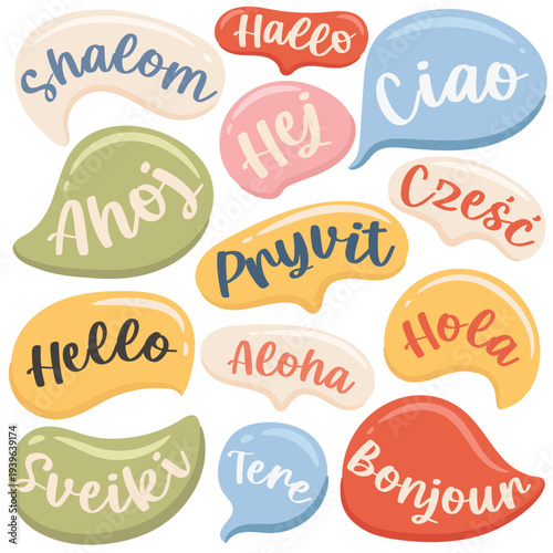 Colorful speech bubble stickers with hello greetings in different languages. English translation for - Shalom, Hallo, Ciao, Ahoj, Czesc, Aloha, Hola, Pryvit, Sveiki, Tere, Bonjour - is Hello.