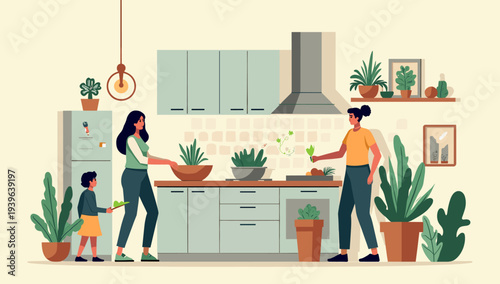 A woman and child in a modern home with a plant, conveying a sense of family and growth.