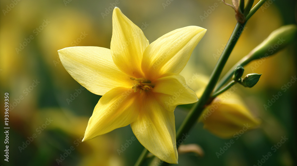 Obraz premium Close-up of a vibrant yellow flower with soft petals against a blurred green backdrop