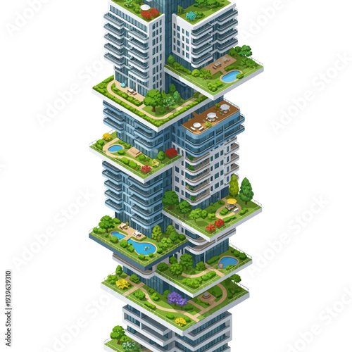A modern skyscraper with lush green rooftop gardens