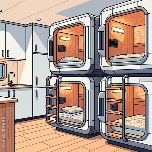 A futuristic capsule hotel room with bunk beds