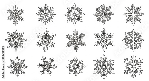 Set of 15 Black and White Snowflake Illustrations.