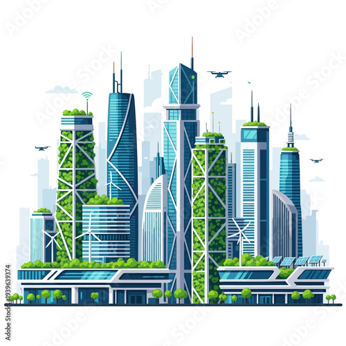 A futuristic cityscape with sustainable skyscrapers and drones