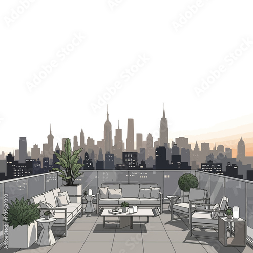A modern rooftop patio with a stunning city skyline view at sunset
