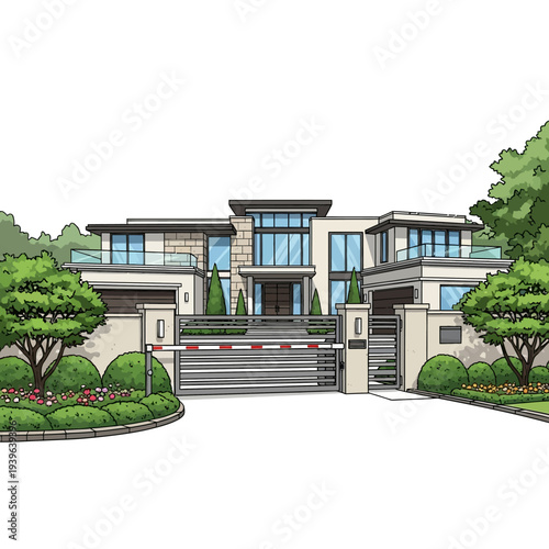 A modern and luxurious house with a large gate and beautiful landscaping