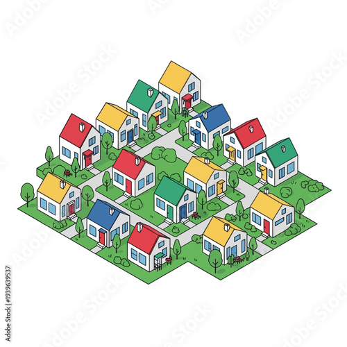 A colorful illustration of a suburban neighborhood with houses and trees