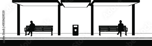 Bus or train station platform silhouette, covered seating benches with people, urban public transport waiting area artwork illustration