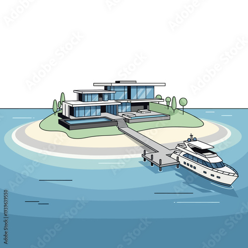 A modern luxury house on a private island with a yacht docked at the pier