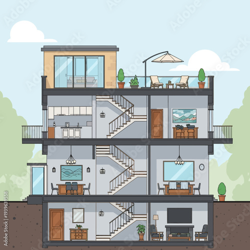 A modern multi-story house with a detailed cross-section view