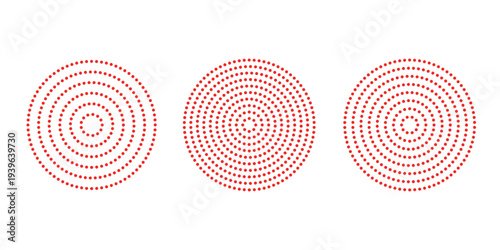 Red concentric ripple circles set. Sonar or sound wave rings collection. Epicentre, target, radar icon concept. Radial signal or vibration elements. Halftone vector illustration