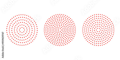 Red concentric ripple circles set. Sonar or sound wave rings collection. Epicentre, target, radar icon concept. Radial signal or vibration elements. Halftone vector illustration