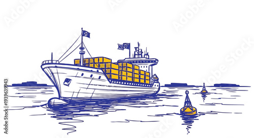 Cargo container ship sailing past navigation marker buoys