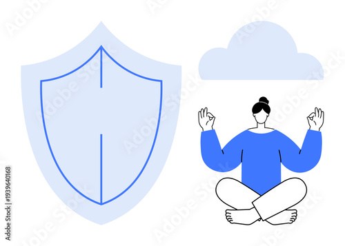 Stress management, online security, mindfulness, cloud storage, data protection, meditation practice. A meditating person, shield and cloud graphic. Stress management and online security concepts