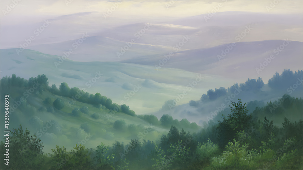 Obraz premium Serene misty landscape with rolling green hills and trees at sunrise