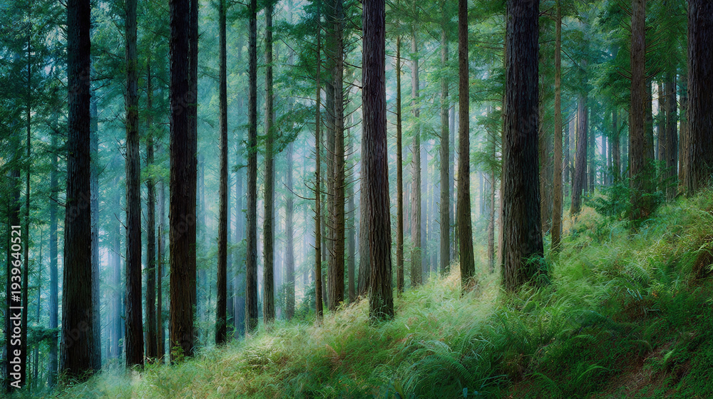 Fototapeta premium Dense evergreen forest with misty understory