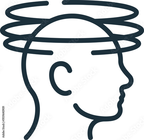 Human head illustration, dizziness icon, confusion symbol, mental overload sketch, neurological concept design, medical psychology vector, cognitive disorder representation, simple line drawing