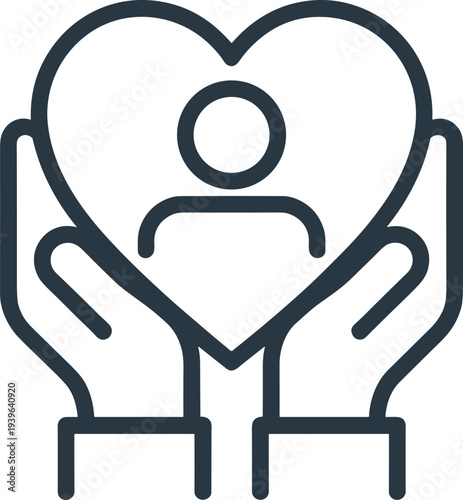 Hands holding heart icon, human figure inside, compassion symbol, healthcare illustration, social support design, charity concept, empathy protection minimal art