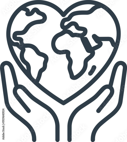Hands holding heart globe, environmental care symbol, sustainability illustration, global compassion design, minimal line art, planet protection, humanitarian concept icon
