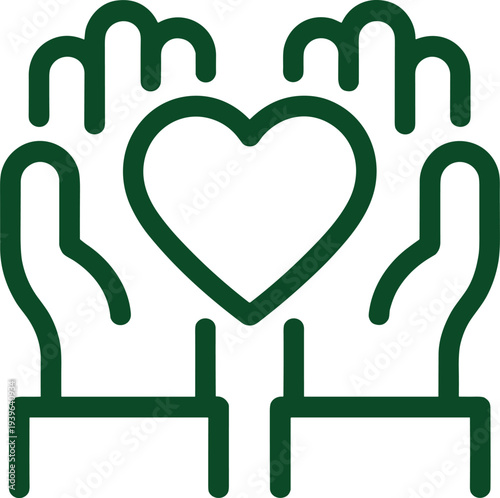 Hands raised with heart, compassion care symbol, charity support icon, healthcare love graphic, community kindness illustration, minimal outline, emotional connection design