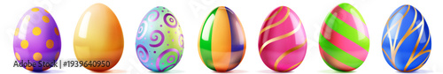 Vibrant Easter eggs with diverse patterns, stripes, and polka dots on a white background, showcasing soft shadows and shiny surfaces.