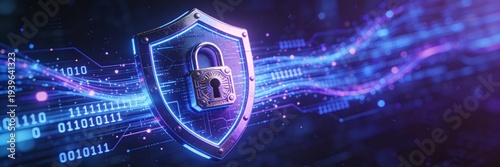 Cybersecurity shield with padlock icon on digital background, network security and data protection concept, blue glowing binary code and light trails